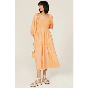 Louna Dress 3/4 Puff Sleeve Square Neck Smocked Ruffle Tiered Midi Orange Small